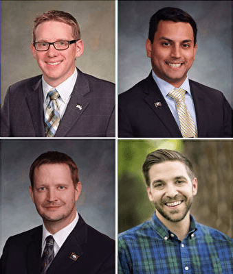 Wyoming State Representatives Jared Olsen (top L), Daniel Singh (top R), Dan Zwonitzer (bottom L), and City of Laramie mayor Brain Harrington (bottom R) sent congratulatory letters to Shen Yun Performing Arts ahead of their performances at the Cheyenne Civic Center.