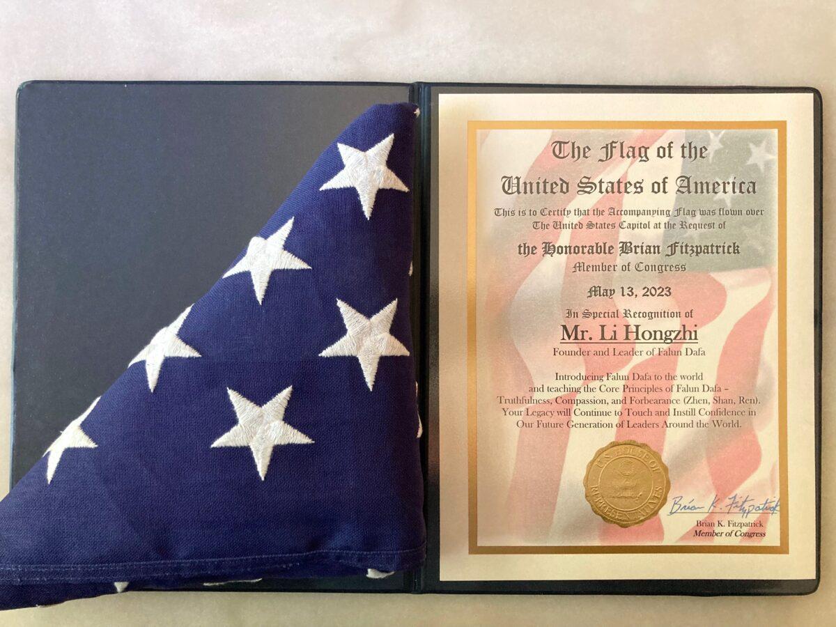 A flag of the United States was flown over the U.S. Capitol on May 13, 2023, at the request of Rep. Brian Fitzpatrick (R-Pa.) in special recognition of Mr. Li Hongzhi, the founder of Falun Dafa. (Courtesy of Jennie Sheeks)