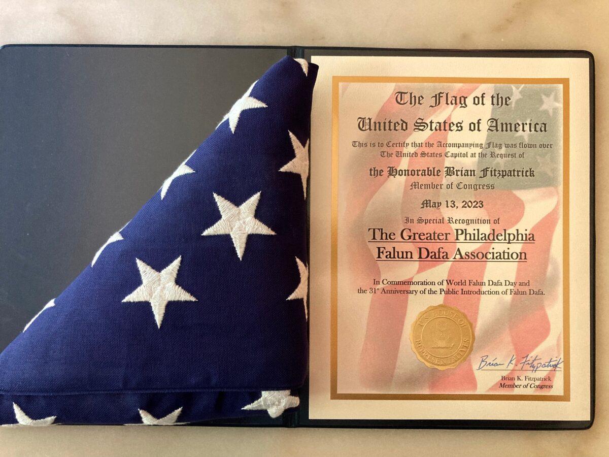 A flag of the United States was flown over the U.S. Capitol on May 13, 2023, at the request of Rep. Brian Fitzpatrick (R-Pa.) in special recognition of the Greater Philadelphia Falun Dafa Association in commemoration of World Falun Dafa Day at the 31st Anniversary of the public introduction of Falun Dafa. (Courtesy of Jennie Sheeks)