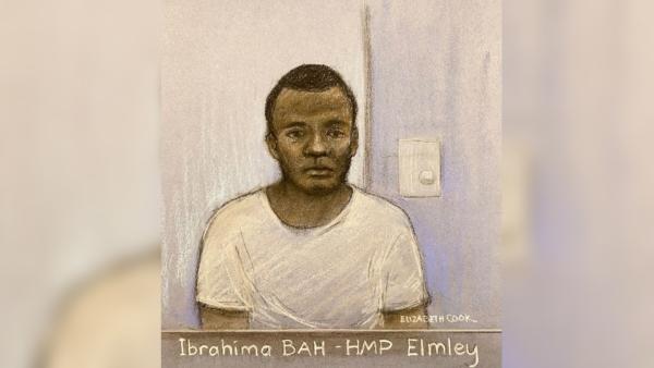 Ibrahima Bah, 19, appearing by video link from Elmley prison at Folkestone Magistrates' Court in Folkestone, Kent, on Apr. 13, 2023. (Elizabeth Cook/PA)