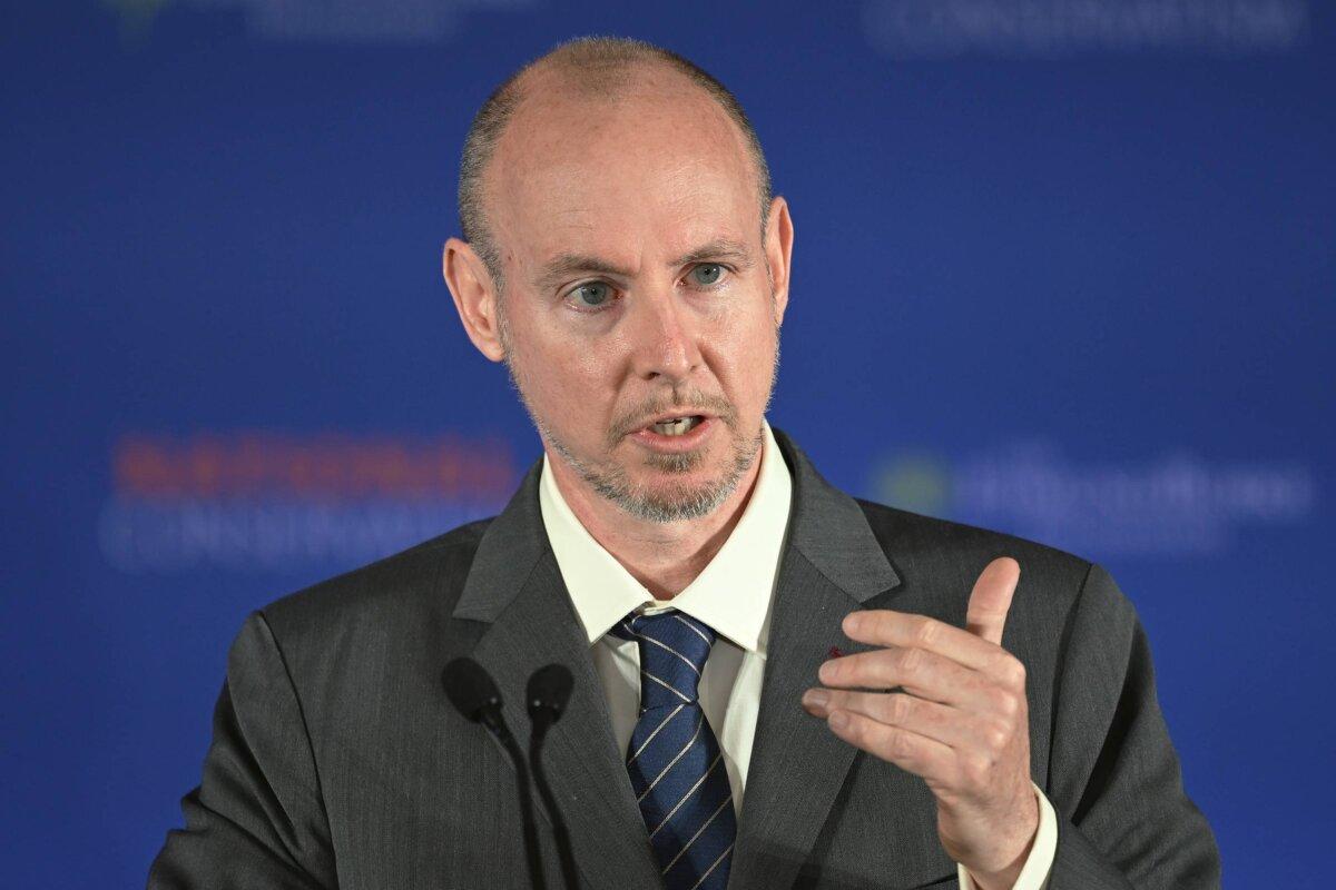Adviser to the UK Board of Trade Lord Hannan address delegates during the second day of the National Conservatism conference at The Emmanuel Centre in London on May 16, 2023. (Leon Neal/Getty Images)