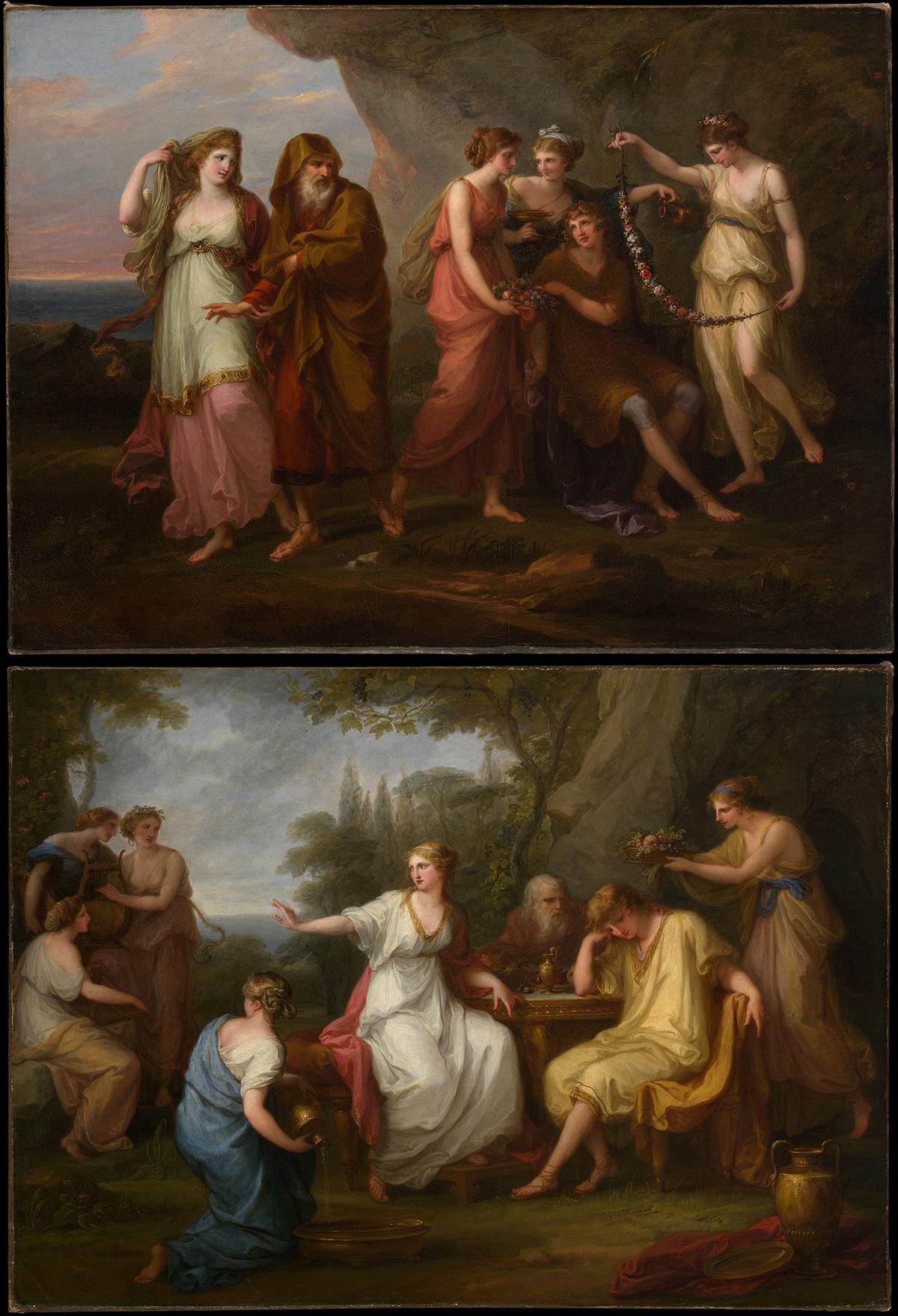 (Top) "Telemachus and the Nymphs of Calypso," 1782," by Angelica Kauffmann. Oil on canvas; 32.5 inches by 44.25 inches. (Below) "The Sorrow of Telemachus," 1783, by Angelica Kauffmann. Oil on canvas; 32.75 inches by 45 inches. The Metropolitan Museum of Art, New York City. (Public Domain)