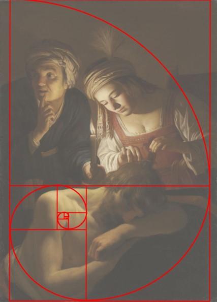 Golden Ratio Overlay on “Samson and Delilah,” in 1616 by Gerrit van Honthorst. Oil on Canvas, 62 3/8 inches by 48 1/4 inches. Cleveland Museum of Art. (Public Domain)