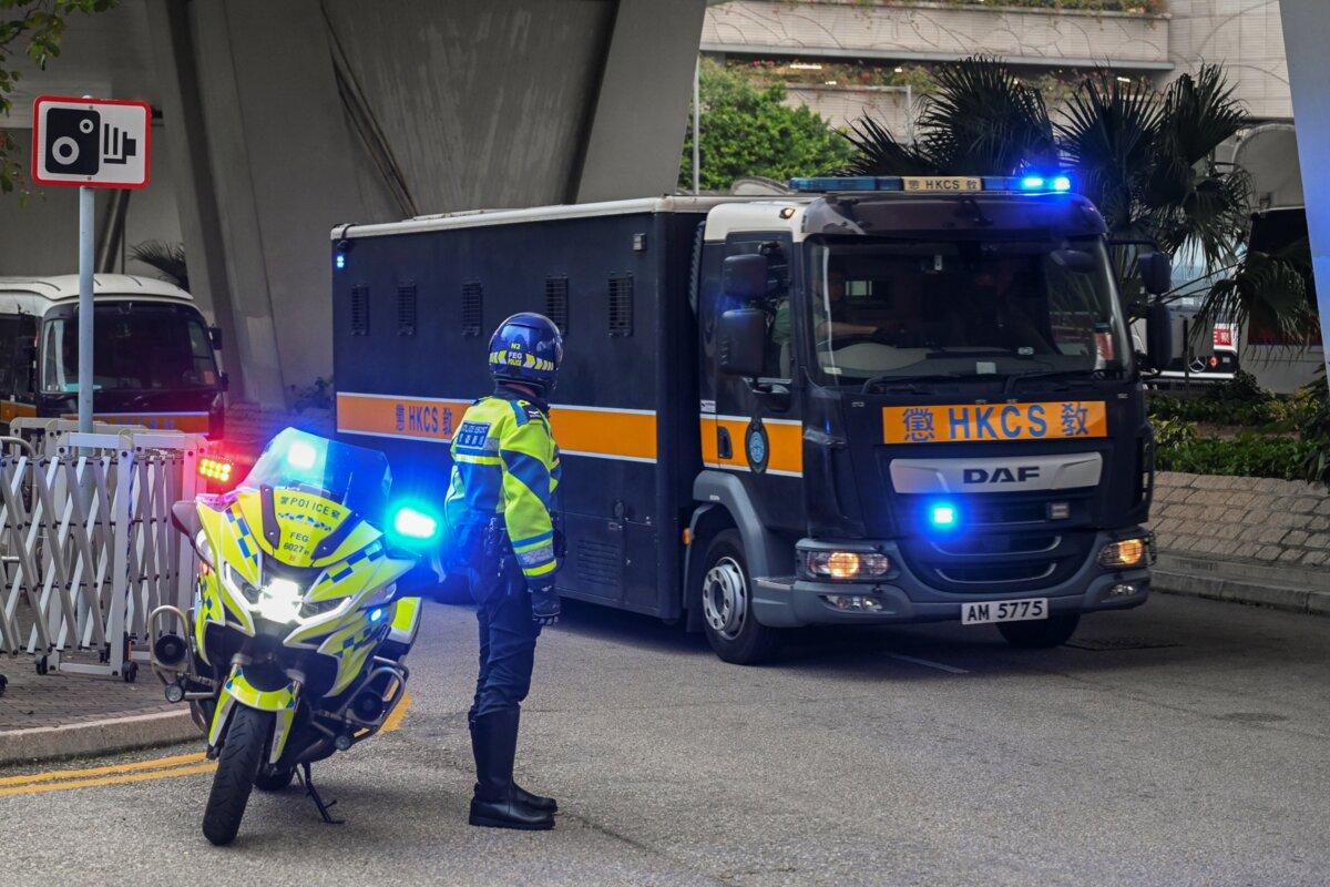 A prison van carrying activist publisher Jimmy Lai arrives at the West Kowloon Magistrates' Courts, where Lai's trial takes place in Hong Kong on Jan. 2, 2024. (Billy H.C. Kwok/AP Photo)