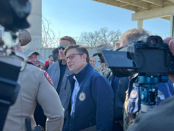 Speaker Mike Johnson (R-La.) at a briefing with the Texas Department of Public Safety at Shelby Park on the U.S.–Mexico border in Eagle Pass, Texas, on Jan. 3, 2024. (Charlotte Cuthbertson/The Epoch Times)