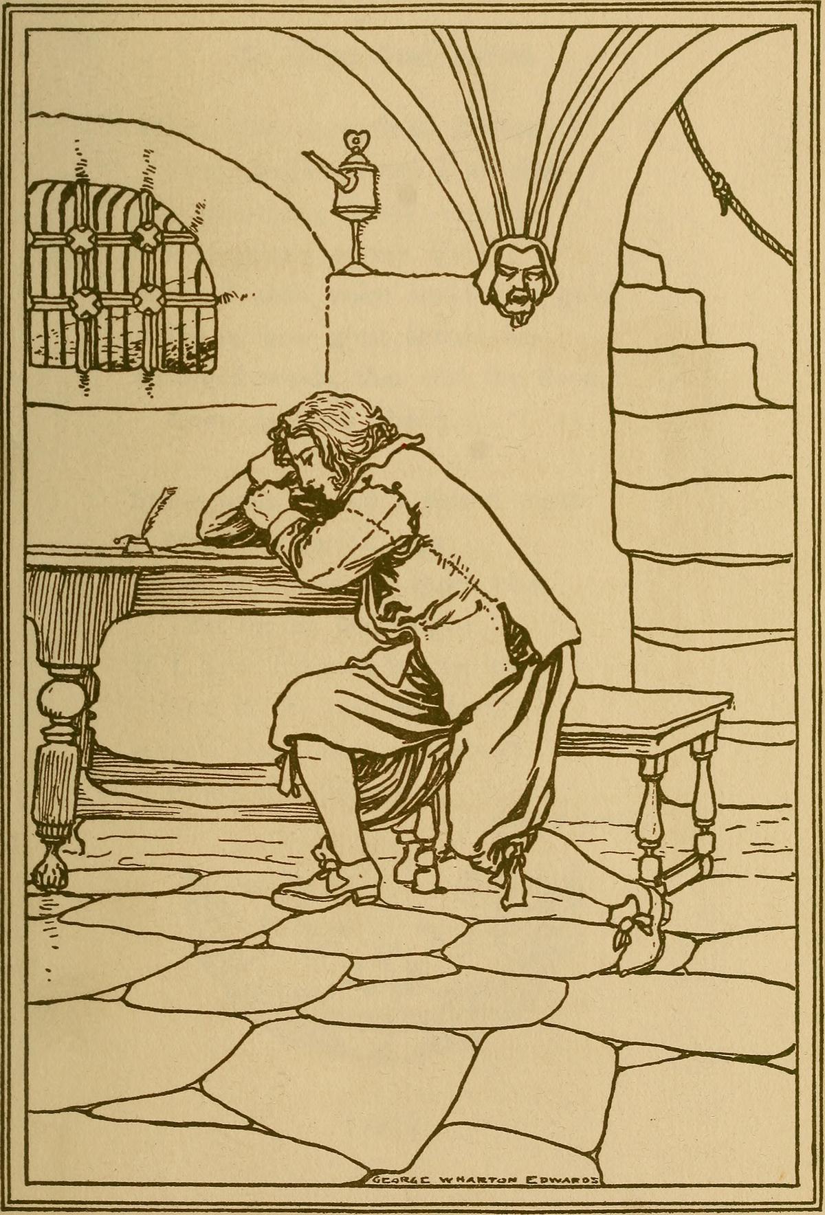 An illustrated plate of Richard Lovelace writing “To Althea From Prison” from “A Book of Old English Love Songs,” 1897, by Hamilton Wright Mabie with illustrations by George Wharton Edwards. Internet Archive. (Public Domain)