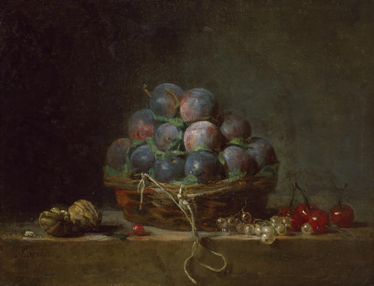 "Basket of Plums," 1765, by Jean-Baptiste-Siméon Chardin. Oil on canvas; 12 3/4 inches by 16 1/2 inches. Chrysler Museum of Art, Norfolk, Virginia. (<a href="https://commons.wikimedia.org/wiki/File:Chardin_-_Basket_of_Plums,_1765.jpg#file" target="_blank" rel="nofollow noopener">Chrysler E-museum</a>/<a href="https://creativecommons.org/licenses/by-sa/4.0/" target="_blank" rel="nofollow noopener">CC BY-SA 4.0 DEED</a>)