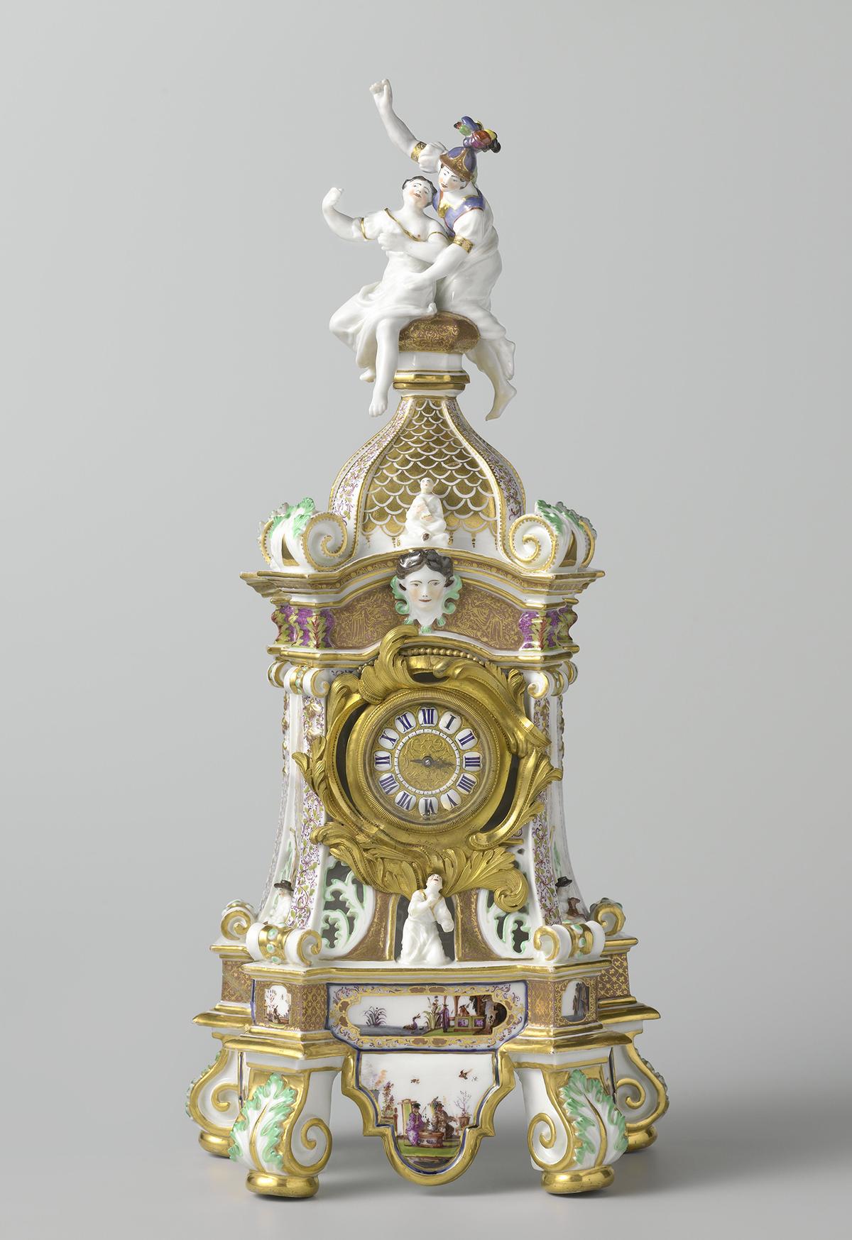 Mantel clock (pendule) with Arachne and Athena, 1727, attributed to Johann Gottlieb Kirchner from the Meissen Porcelain Manufactory. Porcelain with metal gilding; 17 3/10 inches by  8 1/5 inches by 5 3/10 inches. Rijksmuseum, Amsterdam. (Public Domain)