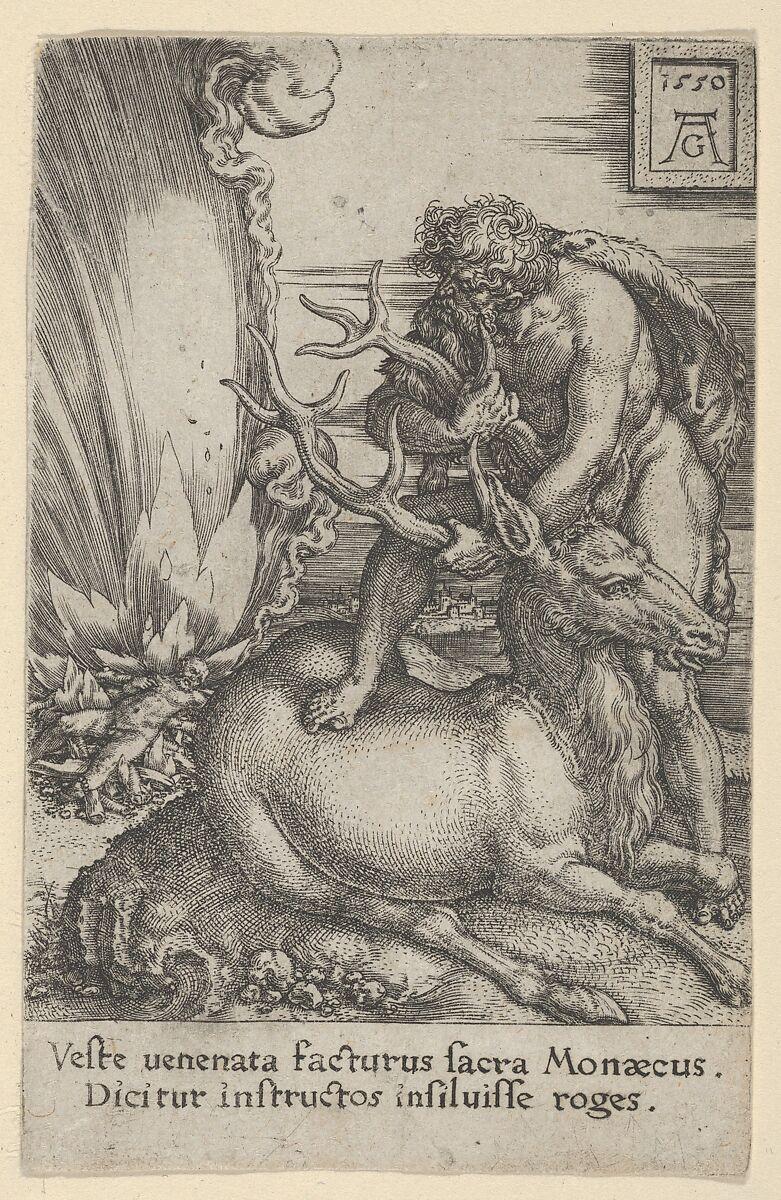 "Hercules and the Hind, From The Labors of Hercules," 1550, by Heinrich Aldegrever. Etching, 4 1/4 by 2 11/16 inches.<span style="color: #ff0000;"><span style="color: #000000;"> Metropolitan Museum of Art, New York. (Public Domain) </span></span>