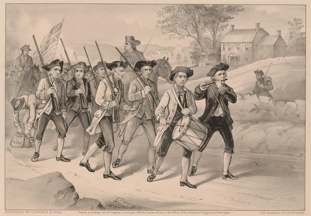 "Heroes of '76,' Marching to the Fight," 1876, published by Currier & Ives. Library of Congress. (Public Domain)