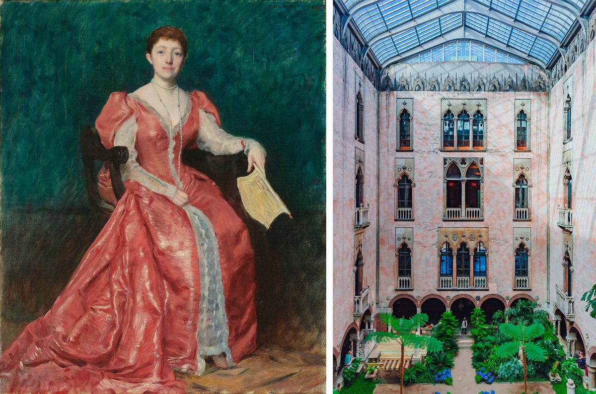 (L) A portrait of Isabella Stewart Gardner from 1889 by Dennis Miller Bunker at the Isabella Stewart Gardner Museum, Boston. (Public Domain) A view of the inner courtyard and garden of Isabella Stewart Gardner Museum. (Mark Zhu/Shutterstock)