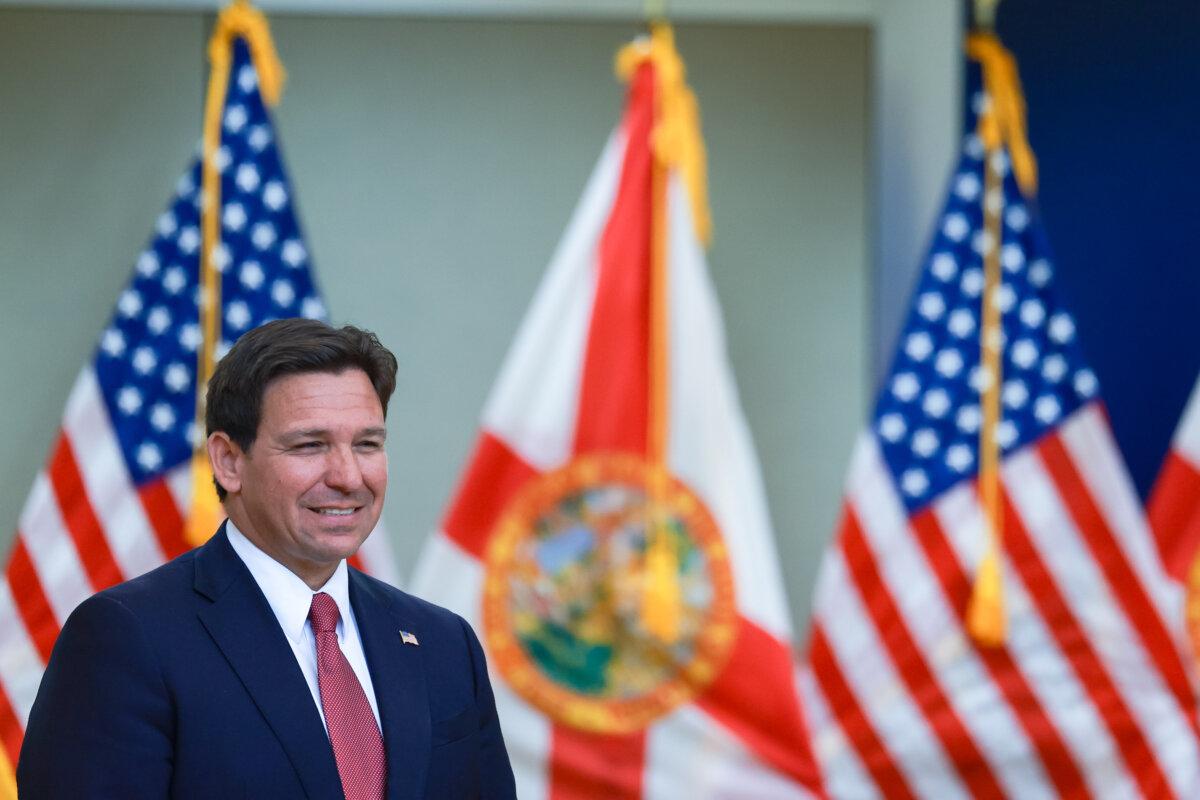 Florida Gov. Ron DeSantis speaks about a toll highway relief program during a press conference held at the Greater Miami Expressway Agency in Miami, Fla., on April 1, 2024. (Joe Raedle/Getty Images)