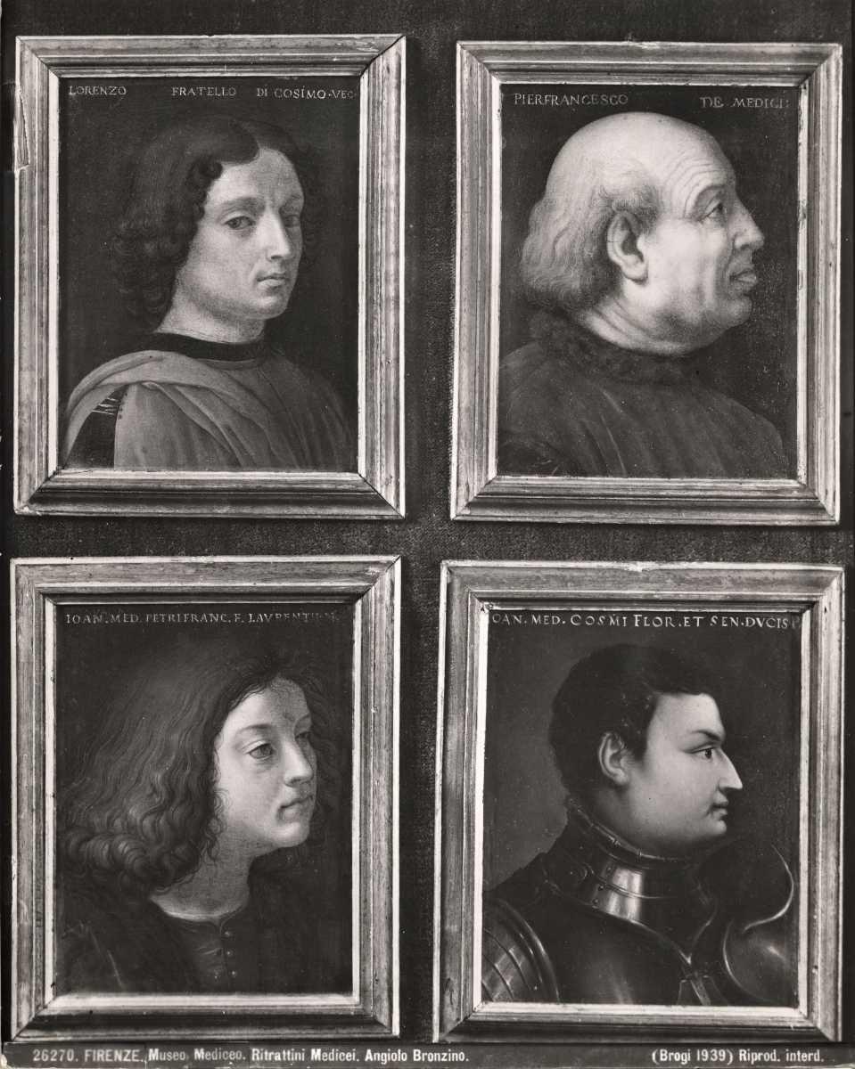 Portraits of the Medicis, 16th century, by Agnolo di Cosimo (Bronzino). Clockwise from top left: Lorenzo the Elder, <span class="highlight">Pierfrancesco the Elder</span>, Giovanni di Pietro de' Medici, <span class="highlight">Giovanni de’ Medici</span> the Younger. (<a href="https://commons.wikimedia.org/wiki/File:Bronzino_-_Ritratto_di_Lorenzo_di_Giovanni_di_Bicci_de%27_Medici,_Ritratto_di_Pier_Francesco_de%27_Medici,_Ritratto_di_Giovanni_di_Pietro_de%27_Medici,_Ritratto_di_Giovanni_de%27_Medici,_detto_Giovanni_delle_Bande_Nere.jpg" target="_blank" rel="nofollow noopener">University of Bologna</a>/<a href="https://creativecommons.org/licenses/by-sa/4.0/" target="_blank" rel="nofollow noopener">CC BY-SA 4.0 DEED</a>)