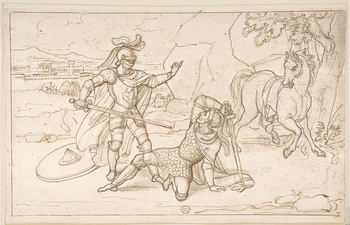 "Duel of Knights" by an unknown 19th-century artist. Pen and bistre over red chalk. The Metropolitan Museum of Art, New York City. (Public Domain)