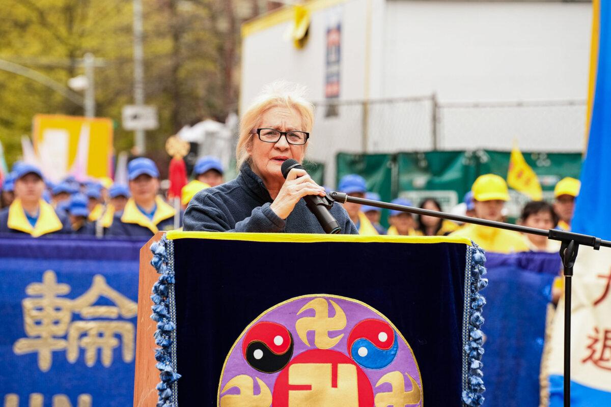Martha Flores-Vazquez, a Democratic district leader from Queens, speaks at a Falun Gong rally in the Flushing neighborhood of Queens, New York, on April 21, 2024. (Larry Dye/The Epoch Times)