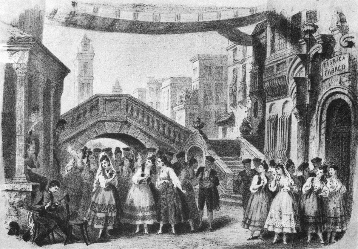 Lithograph of Act 1 in the premiere performance of "Carmen," 1875, by Pierre-Auguste Lamy. (Public Domain)