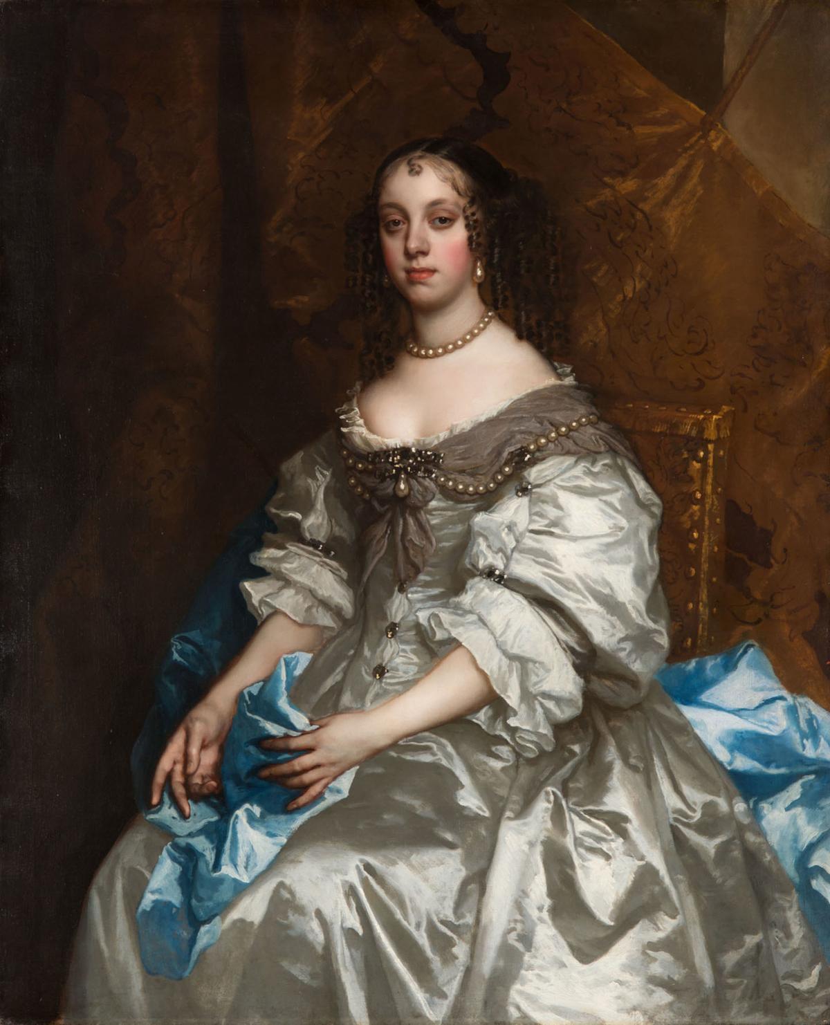 A portrait of Catherine of Braganza, from 1663 until 1665, by Peter Lely. Oil on canvas; 49 3/10 inches by 40 2/5 inches. Royal Collection, UK. (Public Domain)