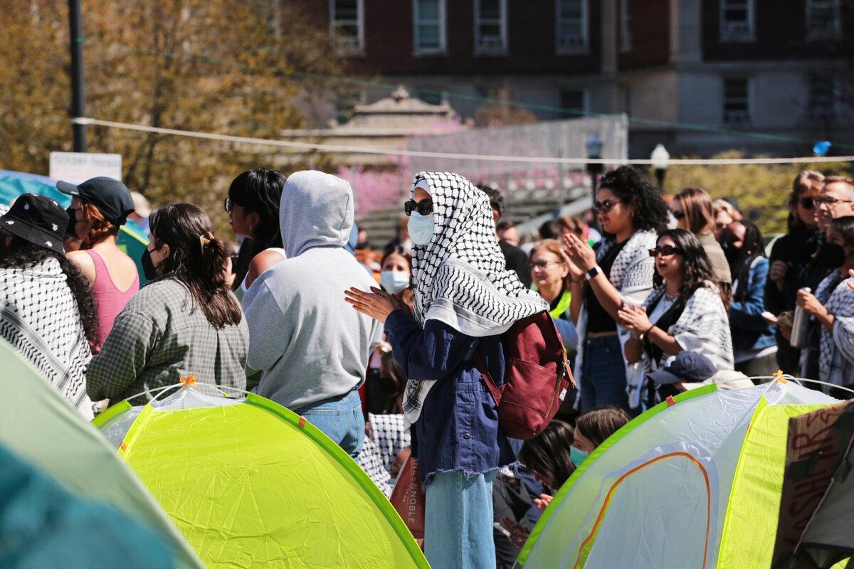The protest encampment on the Columbia University campus in New York City on April 23, 2024. (Richard Moore/The Epoch Times)