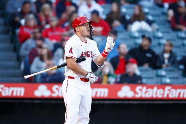Mike Trout (27) of the Los Angeles Angels in Anaheim, Calif., on April 23, 2024. (Ronald Martinez/Getty Images)