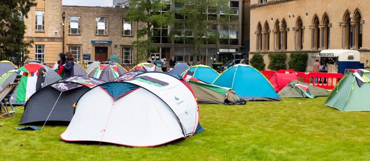 Pro-Palestine students outside Pitt Rivers Museum at Oxford University in Oxford, England, on May 6, 2024. (Oxford Action for Palestine/PA)