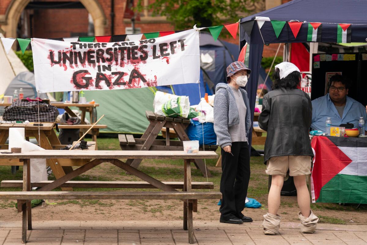 Students campaigning against the war in Gaza at an encampment on the grounds of the University of Leeds in Leeds, England, on May 6, 2024. (Danny Lawson/PA)